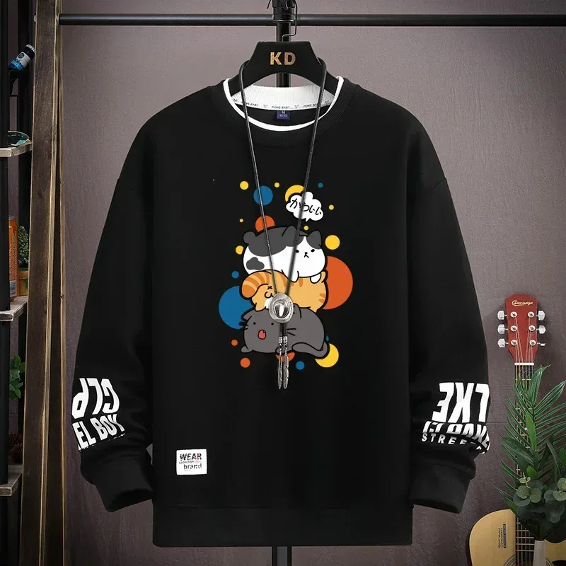 Spring Men's Sweatshirt Japan Cartoon Cats Printed Long Sleeve T-shirt Fashion Men's Clothing Khaki O Neck Harajuku Top 2024 New — image 8