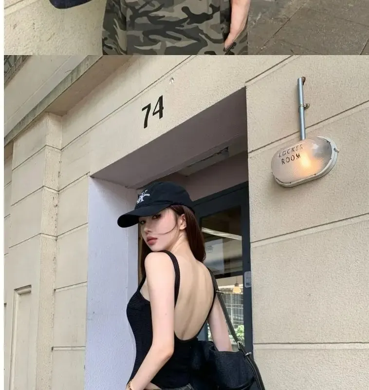 Black Strappy Bodysuit Sexy Backless Ribbed Bodysuit Romper string femme sexy Sleeveless Tank Top gloved bodysuit Body Female