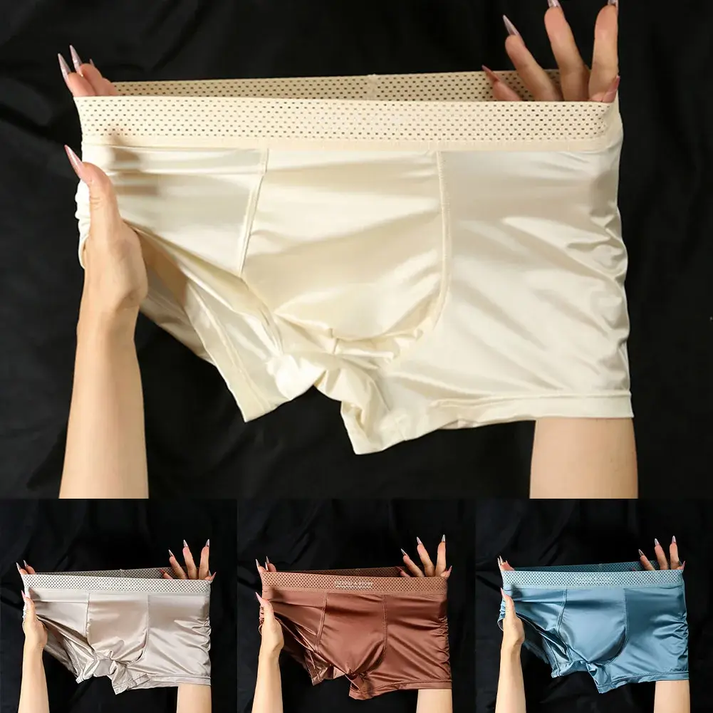 1pc Men Satin-like Ice Silk Boxers Smooth Panties Hollow Out Waistband Underpants Breathable Solid Color Underwear Trunk — image 13