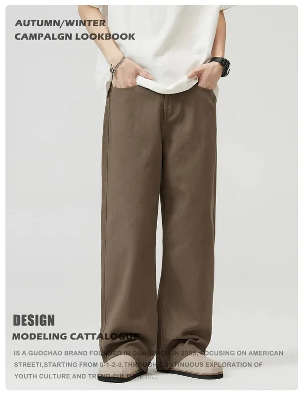 100% Cotton Men's Baggy Straight Jeans Comfortable Soft Casual Pants Fashion Korean White Brown Denim Trousers Male Clothing — image 8