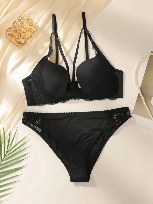 Women's sexy solid color lingerie set with steel rims gathered push up straps adjustable daily comfort bra set A2755