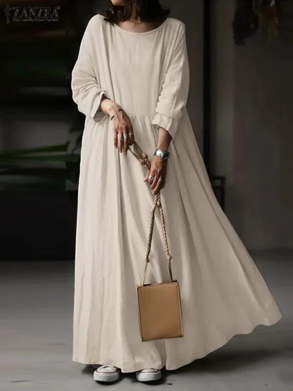 Autumn Women Sundress ZANZEA 2023 Vintage Solid Dresses Female Cotton Robe Casual Long Sleeve Pleated Maxi Vestidos Kaftan — image 8