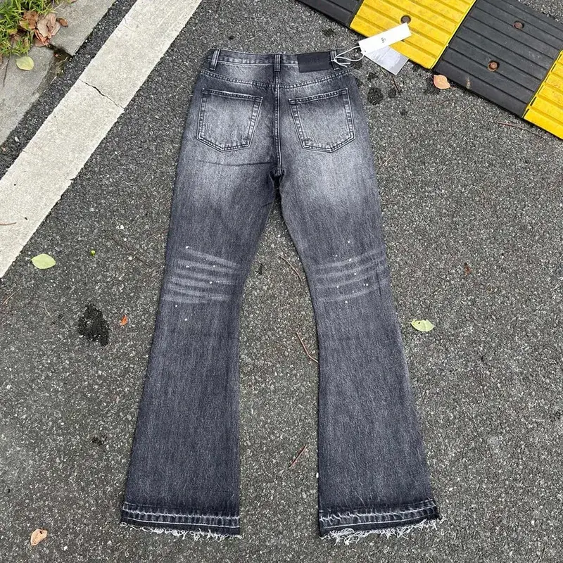 重水洗復古藍色墨水潑墨微喇叭牛仔褲男女直筒寬鬆牛仔褲長褲靴型 — image 3