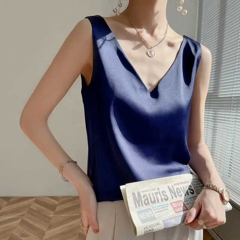 Ladies Silk Suspenders Solid Satin Vest Spring Autumn 2022 New Wild Pullover Tops Women Interior Front/Rear V-Neck Summer Thin — image 3