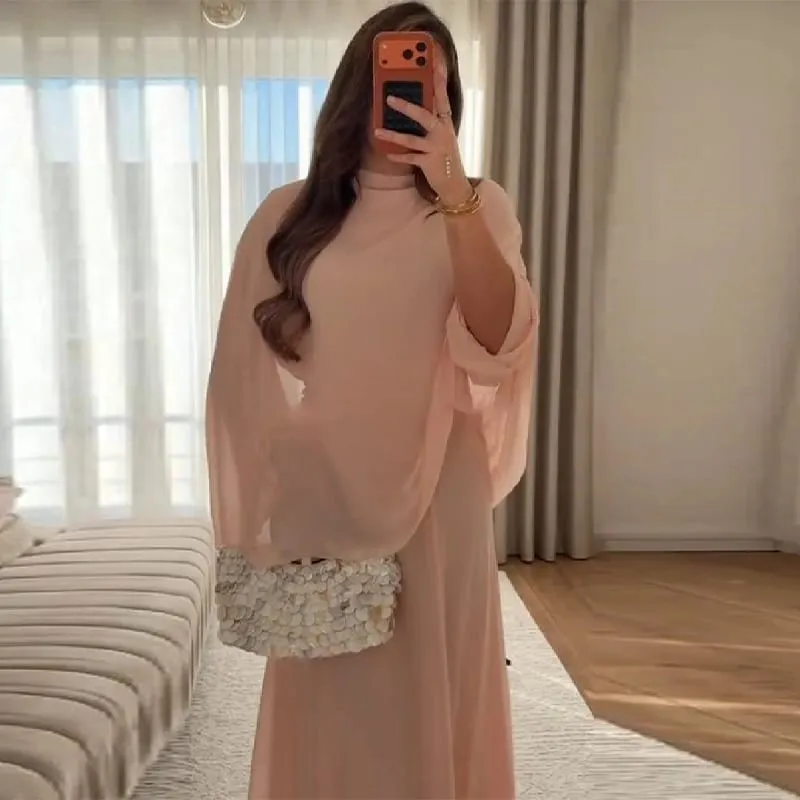 Minimalista rózsaszín sifon álló gallérú ruhák női divatos vékony szabású réteges kendő ujjú Vestido nyári tengerparti vakáció napi ruha