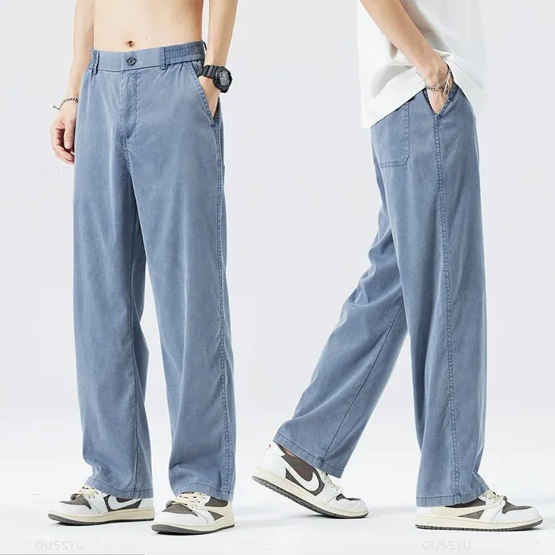 Summer Thin Soft Lyocell Fabric Jeans Men Loose Straight Wide Leg Pants Drawstring Elastic Waist Casual Trousers Plus Size M-5XL — image 15