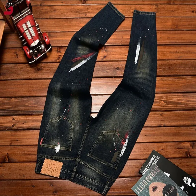 Jeans men's autumn and winter slim-fitting small straight elastic trend American patchwork retro denim nostalgic trousers — image 2