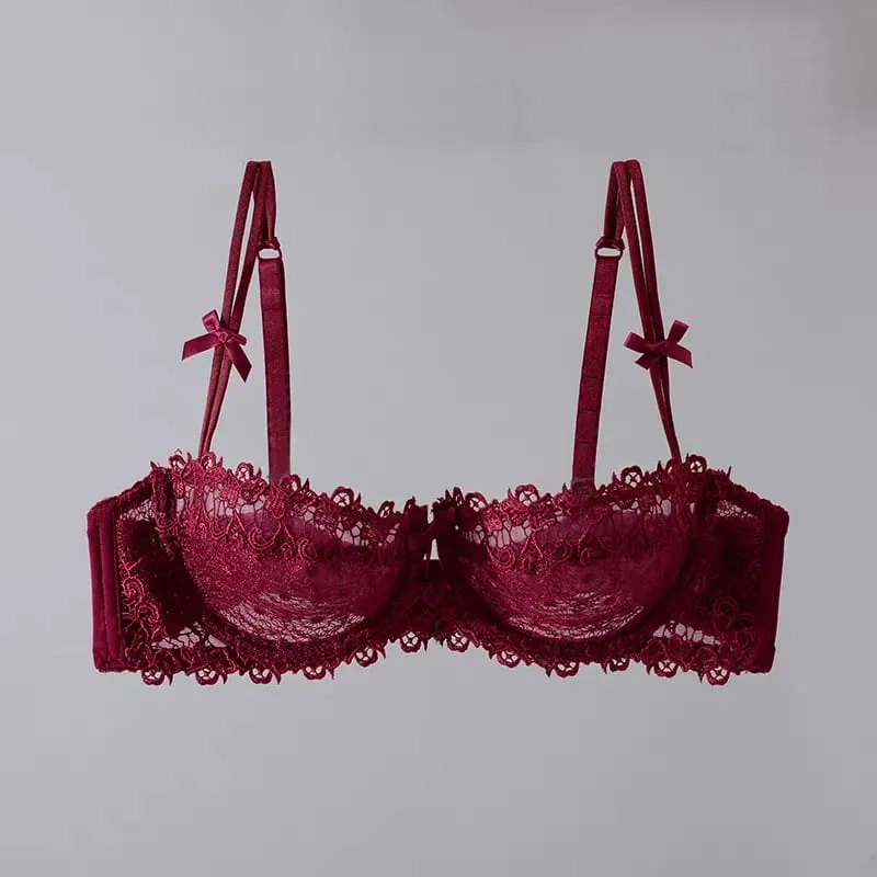 ยุโรปลูกไม้ชุด Ultra-Thin กึ่งโปร่งใสครึ่งถ้วย Pure Desire Bras สำหรับหน้าอกขนาดเล็ก Anti-Sagging ชุดชั้นในสบาย — image 12