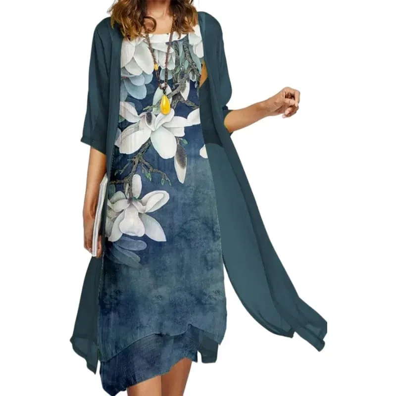 2025 new! Eu-us Summer Women's casual elegance 2 printed crew-neck loose dress sweater coat set — image 4