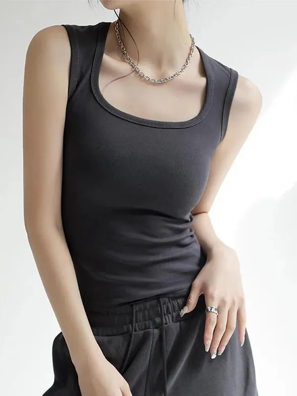 Women Solid U Neck Ribbed Tank Top Camisole Women Summer Basic Elastic Tank Top U Neck Solid Tank Top