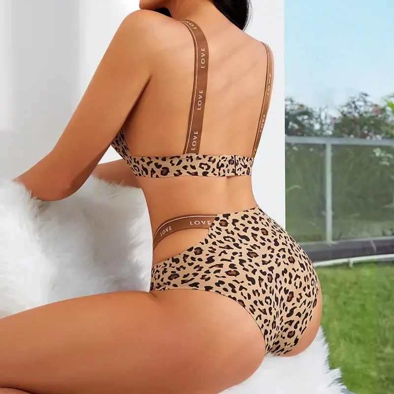 Seamless Sexy Leopard Bras Set for Women Push Up Bras Hollow Out High Elastic Waist Briefs Female Breathable Soft Underwear S-XL — image 4