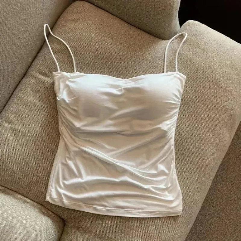 Sexy Solid Pleated Tank Camisole Women's Summer Spaghetti Strap Sleeveless Tops — image 9