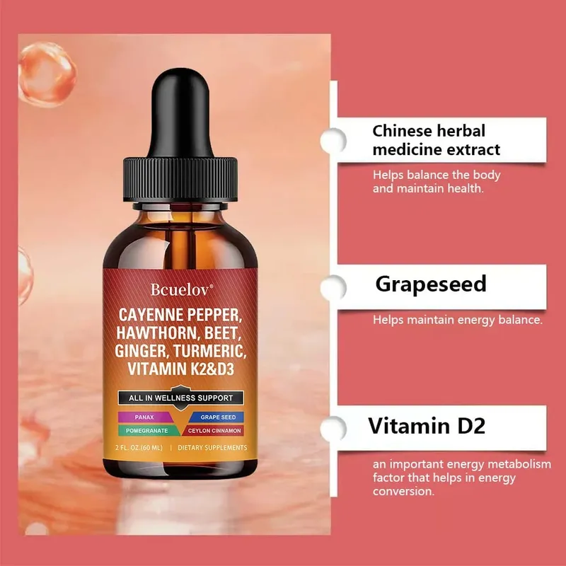 Cayenne Pepper Liquid Drops + Hawthorn Vitamin D3 K2 Ceylon Cinnamon Turmeric Organic Ginseng Supplement for Gut Health — image 6