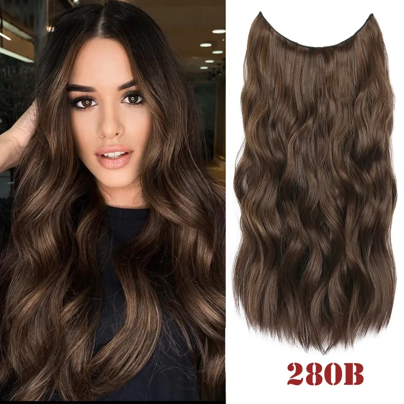 Invisible Wire Hair Extension Wavy Curly Synthetic Hairpiece Long 20Inch Fish Line Hair With 2 Clip-In One Piece For White Woman — image 17