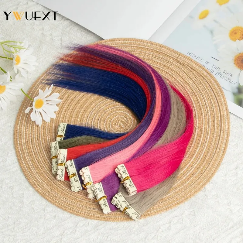 Highlight Red Human Hair Tape In Extensions 12" 16" 20" 24“ Natural Straight Machine Remy Tape In Hair On Glue Adhesive