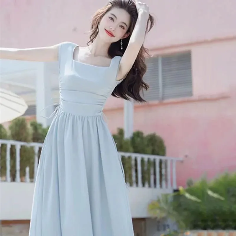 French Style White Suspender Dress Woman Korean Chic Drawstring High Waist Long Dresses Summer Sleeveless Square Collar Dress