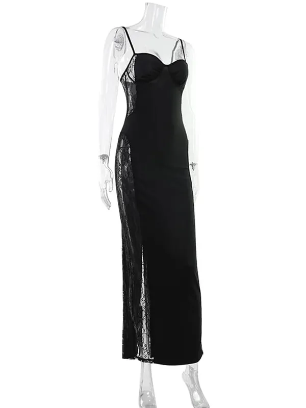 Lace Patchwork Camisoles Solid Split Women Dresses Hip Wrap Sheath Fashion Chic Party Outfits Sexy Club Trendy na Babae