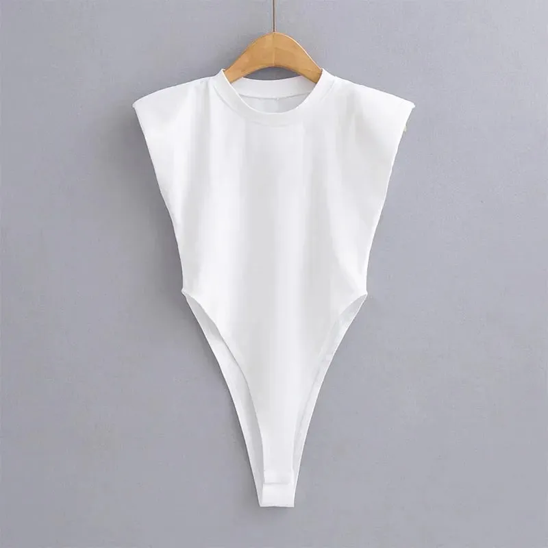 Sexy tops women 2024 Summer one-pieces bodycon bodysuit padded shoulder bodysuit black sleeveless body suits for women white — image 3