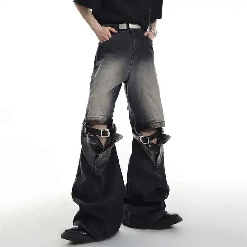 Vintage Men Spliced Micro Flared Jeans American Style High Street Wide Leg Straight Denim Pants Summer New Clothing 9A8932 — image 4
