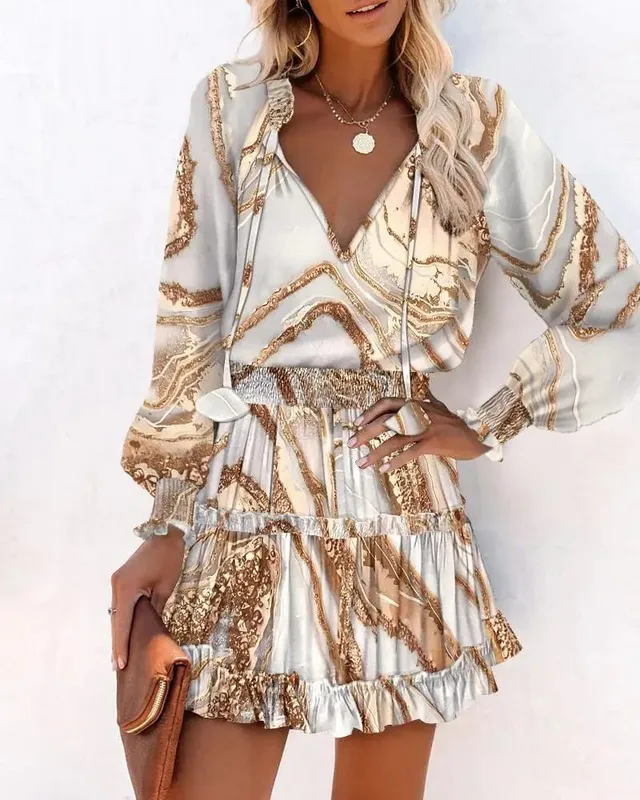 Color Printed Mini Dresses Women Spring Summer Long Sleeve V-neck Elastic Waist Ruffles Dress Fashion Trendy Ladies Vestidos — image 2