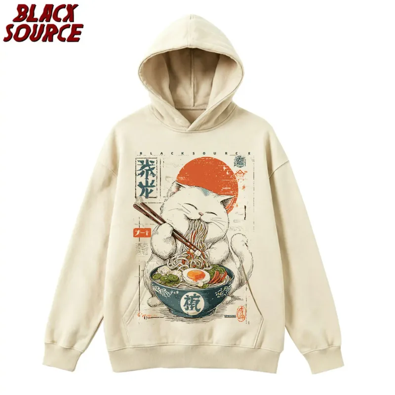 T0220 Cute Ramen Japanese Cat Hoodie, Unisex Cartoon Graphic Pullover Sweatshirt, Casual Streetwear Loose Fit Daily Wear — image 14