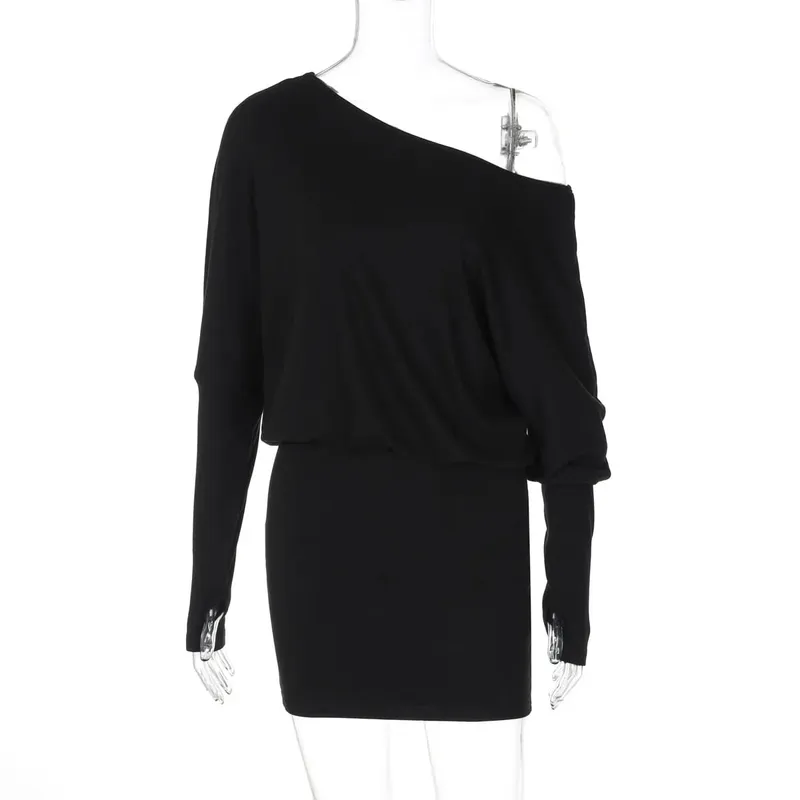 Woman Clothes Diagonal Collar Long Sleeve Package Hip Short Dress Streetwear Black Pink High Waist Tunics Slim Party Dresses