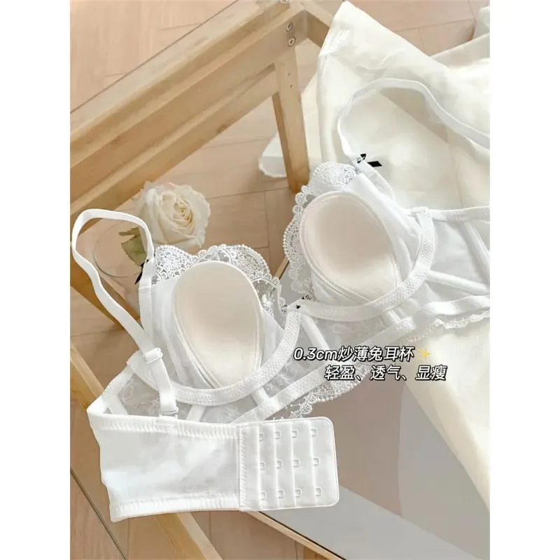 French Lace Lingerie Set Women Wirefree Minimizer Support Summer Ultra Thin Bra Large Chest Petite Look Bunny Ears — image 6
