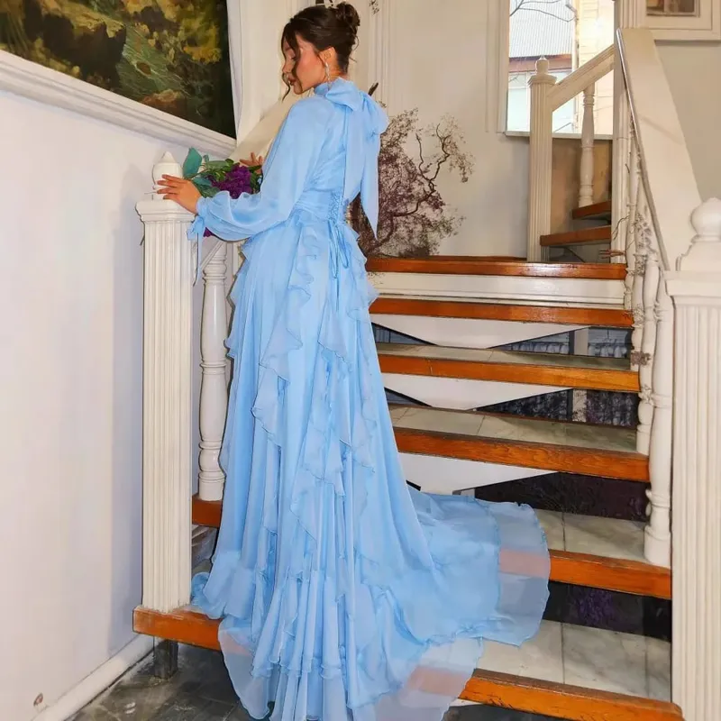 Spring Summer New Fashion Women's Light Blue Solid Color Casual Trendy Long Lantern Sleeve Floor Length Ceremonial Dress Female — image 4