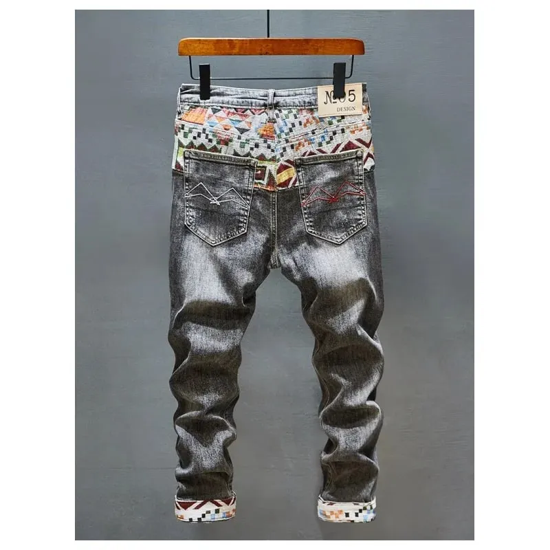 Stitching Embroidered Printed Jeans Men's Cool Smart Street Fashion Design Pattern Slim Fit Feet High-End Washed Trousers — image 6