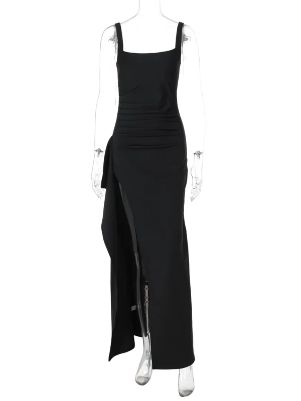 Hugcitar Women Elegant Solid Straps Slit Ruched Patchwork Sexy Bodycon Maxi Dress Summer Outfits Evening Party Birthday Festival