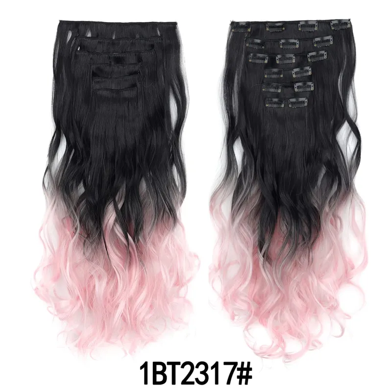 Grampo em extensões de cabelo 6 pçs peruca 20 Polegada longo ondulado sintético grosso trama dupla cabelo para mulheres cor gradiente uso diário