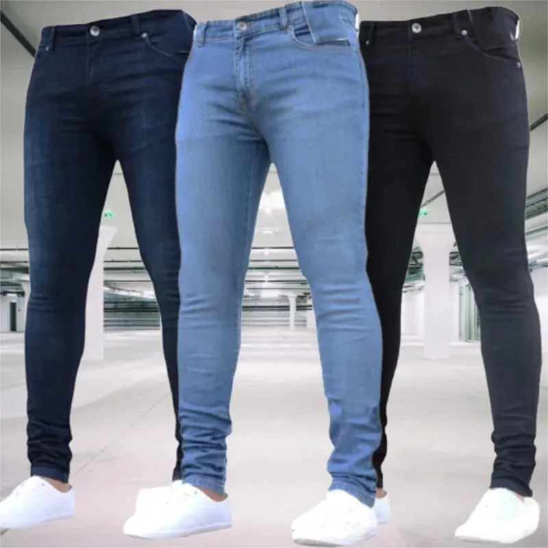 Men's Jeans Stretch Slim Fit Trousers Streetwear Colthing Classical Casual Pants Skinny Zipper Denim Designer Clothes Black Blue — image 9