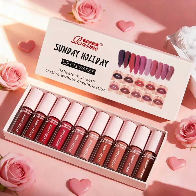 10PCS/Set Sunday Holiday Lip Gloss Kit Matte Liquid Lipstick Long Lasting Waterproof Lip Tint Women Cosmetics Wholesale Makeup