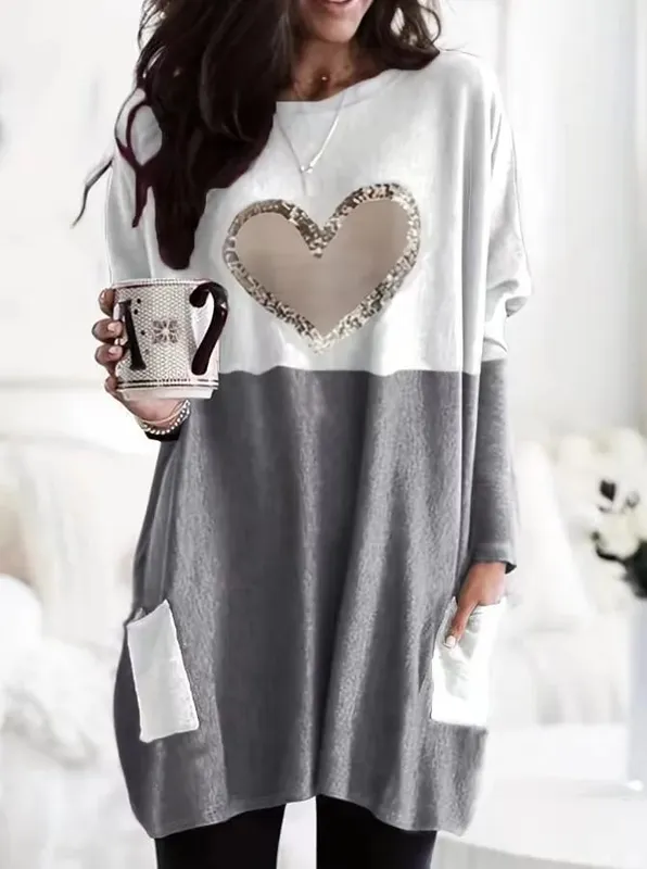 2024 Plus Size Europe And The United States Autumn Love Printed Round Neck Loose Color Contrast Long Sleeve T-Shirt Women — image 9