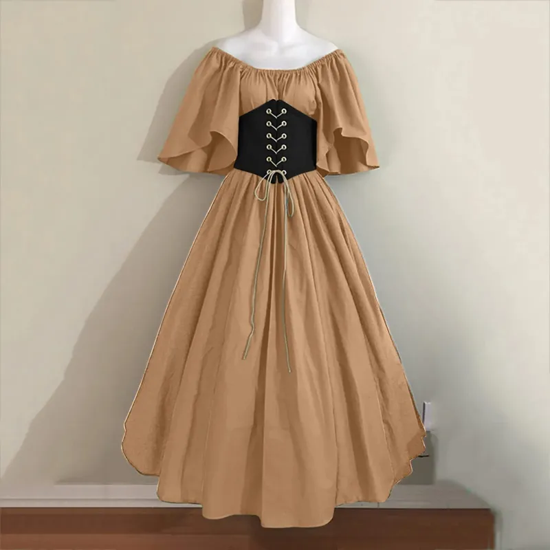 intage Women Dress Short Sleeves Lace-up Patchwork Long Dress Medievals Victoria Princess Cosplay Dresses Retro Party Vestidos