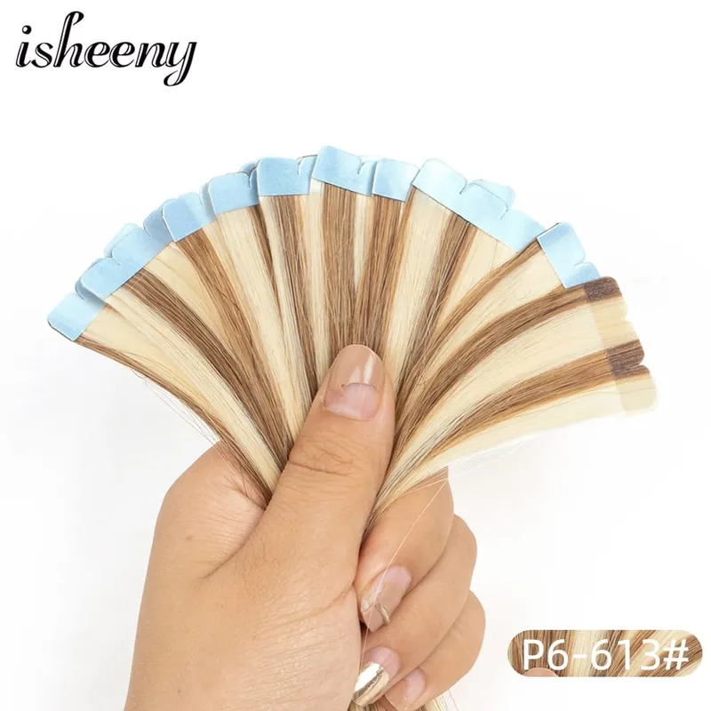 Isheeny 12"-24" Mini Tape Hair Extensions Machine Remy Skin Weft Adhesive Tape In Human Hair Natural Black Brown Blonde 10pcs