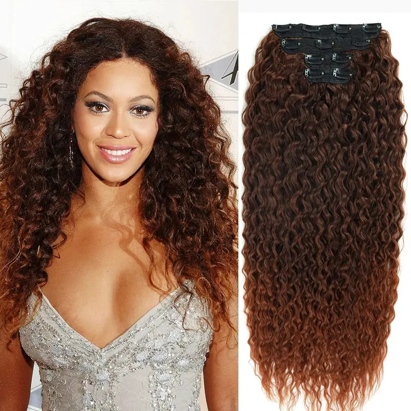 Synthetic Clip In Fitting Extension Full Head Long Kinky Curly Wig Fake False Hair Pieces Clip-on Black Brown Hairpin For Women — image 11
