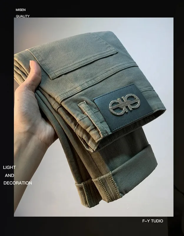 Light luxury men's jeans 2025 summer thin stretch tapered small straight leg casual versatile denim solid color pants