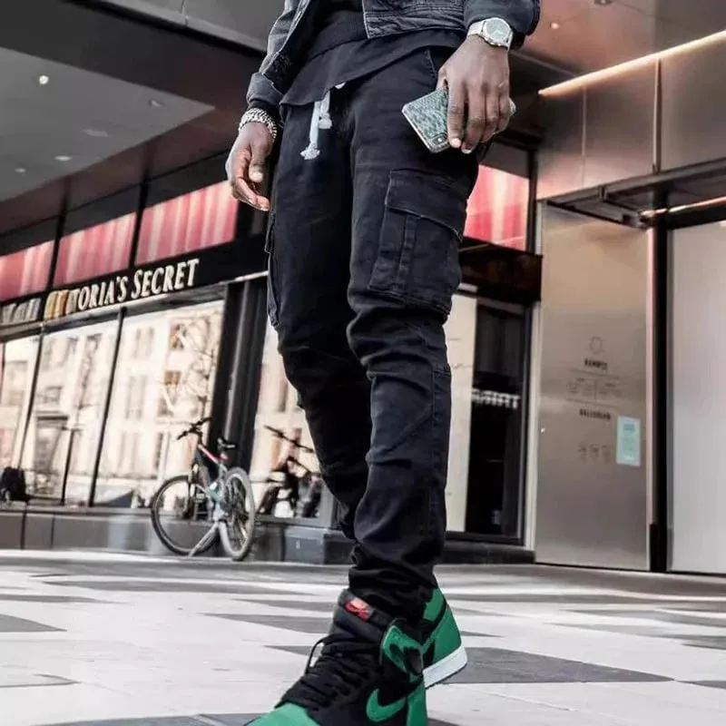 Men Street Elastic Denim Jeans Wash Solid Color Multi Pockets Cargo Pants Casual Slim Fit Daily Wear Joggers Mid Waist Trousers
