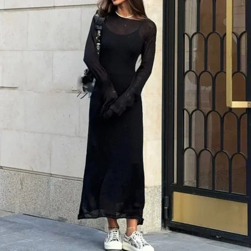 Spring Autumn O-Neck Elastic Knit Long Dresses Women 2024 Elegant Chic Soft Lady Hollowing Sweater Dresses Femme New — image 1