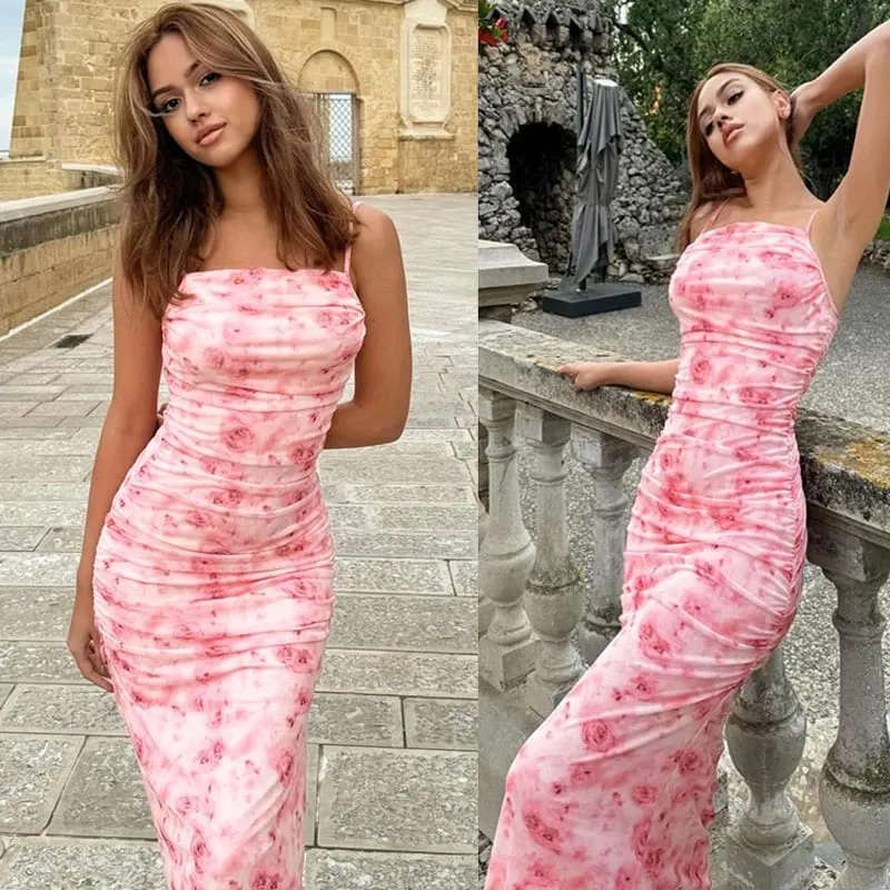 Sexy Elegant Floral Print Ruched Dress Spaghetti Strap Backless Women Dresses Summer Party Birthday Club Ladies Clothes — image 1