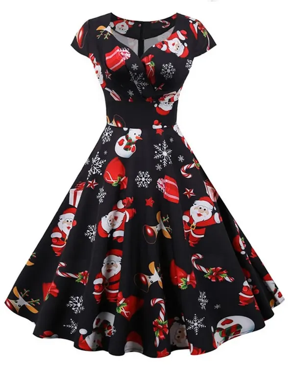 Mode V-ausschnitt Kurzarm Gedruckt Weihnachten Kleid Große Schaukel Vintage Elegante Weihnachten Party Kleid — image 7