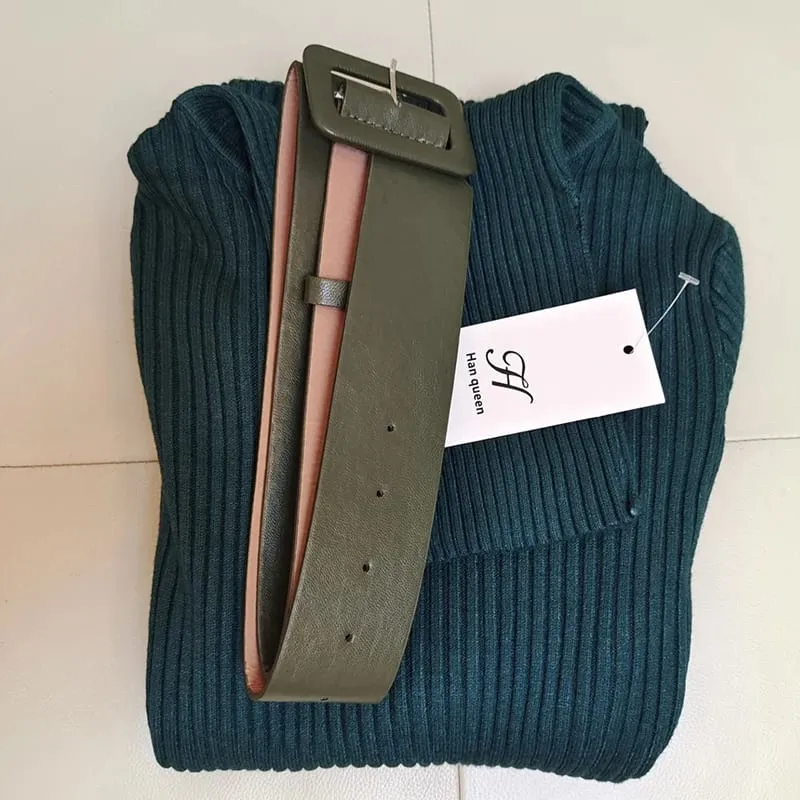 H Han Queen Knitted Bodycon Dress Bottoming Women Soft Elastic Turtleneck Sweater Autumn Winter Midi Party Dresses With Belt — image 13