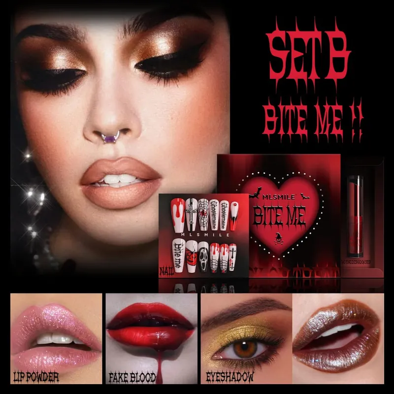 Halloween Makeup Set with Fake Blood Lip Tint Eyeshadow &3D Self-Adhesive Nail Art Stickers Special Effects Makeup Set Party SFX — image 9