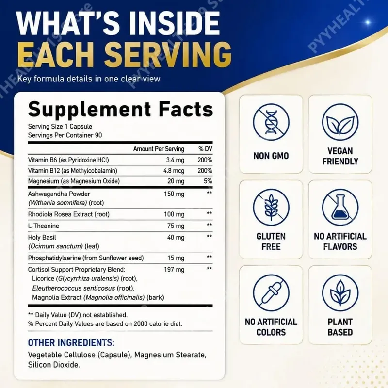 Lenm Cortisol Health Support Capsules Ashwagandha Rhodiola Holy Basil L-Theanine Para sa Stress Balance at Relaxation Adult 90 Count — image 3