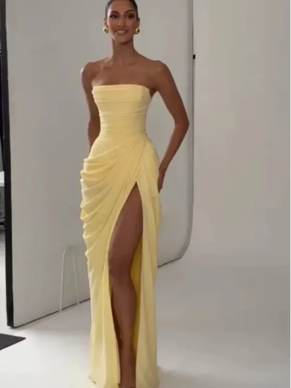 Gaun Panjang Berlipat Tanpa Tali Kuning Elegan Gaun Split Cinching Pinggang Tanpa Lengan Solid Chic Wanita 2026 Jubah Pesta Malam Wanita