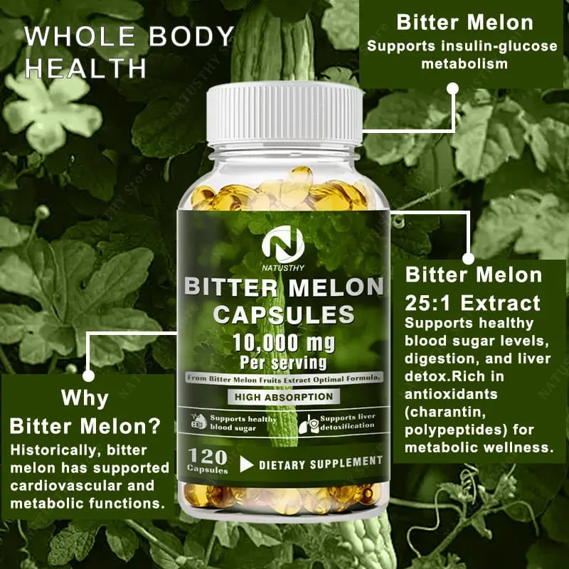 [25:1 Potent Extract] Bitter Melon Capsules – 120 Veggie Caps (10 000mg Equivalent) | Blood Sugar Support Gluten-Free Non-GMO