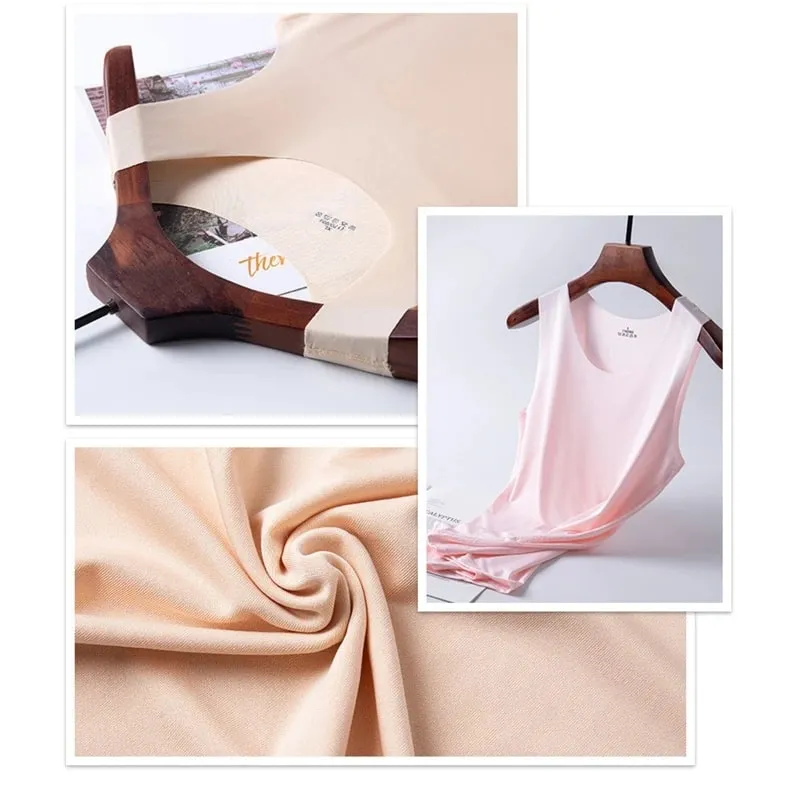 Women Summer Ice Silk Seamless Top Basic Sleeveless O-Neck Racerback Athletic Thin Shirts Plain Solid Color Yoga Quick Dropship