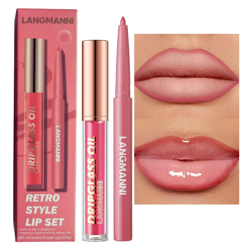 2pcs/box Matte Velvet Lipliner&Mirror Glass Lip Gloss Waterproof Long-Lasting Non-Sticky Purple Brown Liner Lip Combo Makeup Set