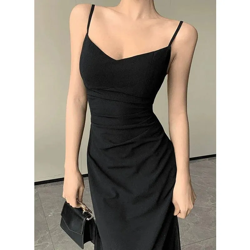 Korejské šaty s výstřihem do V pro ženy Sexy společenské šaty s upnutým pasem Žena Elegantní černé průsvitné midi šaty Novinka — image 4